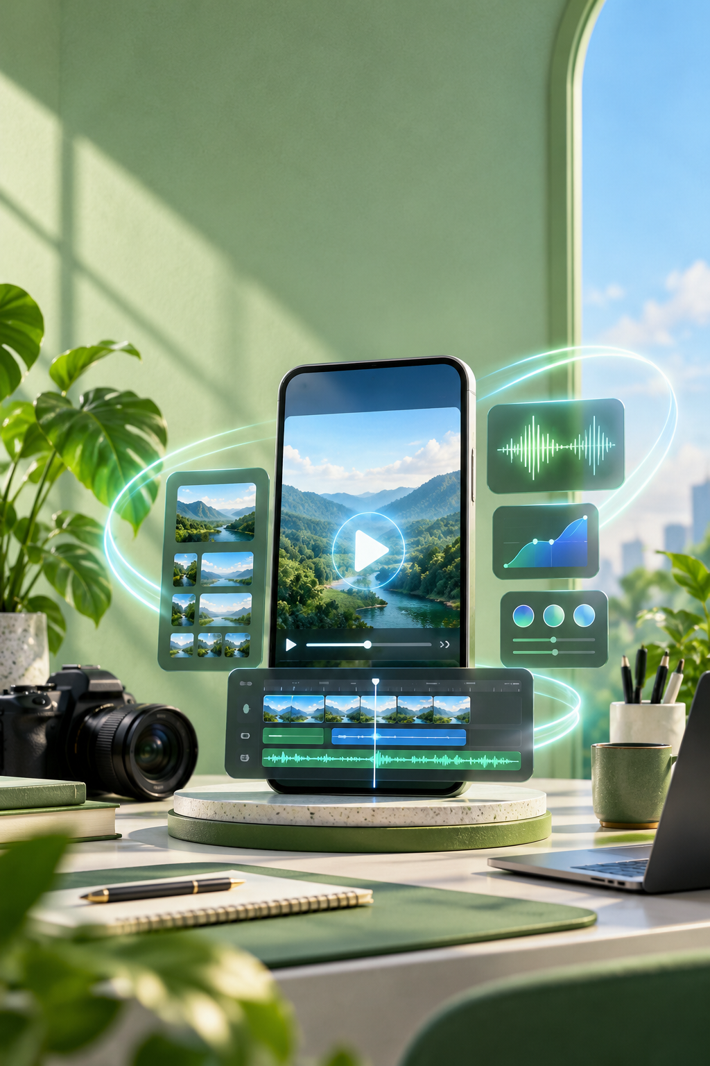 Faceless Income ebook cover artwork, showing a creator desk with a phone and video editing setup